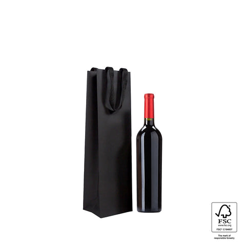 Image of Black wine bottle bag next to a red wine bottle on a white background with FSC logo.
