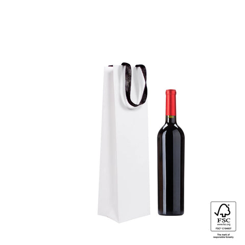 Image of Red wine bottle with a white paper bag on a white background, featuring FSC certification logo.