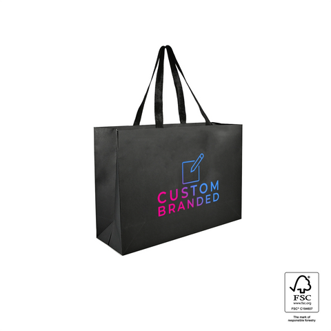 Image of Black tote bag with custom branding on a white background