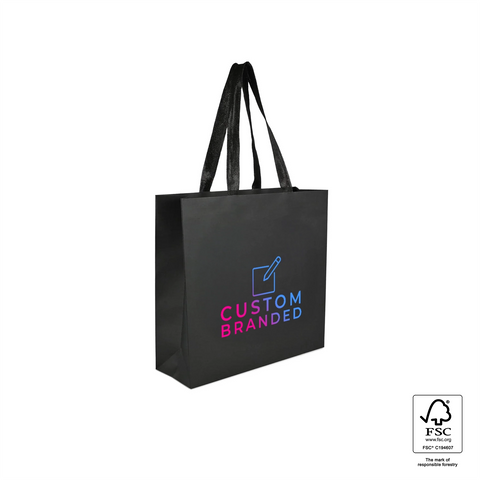 Image of Black tote bag with branding on a white background