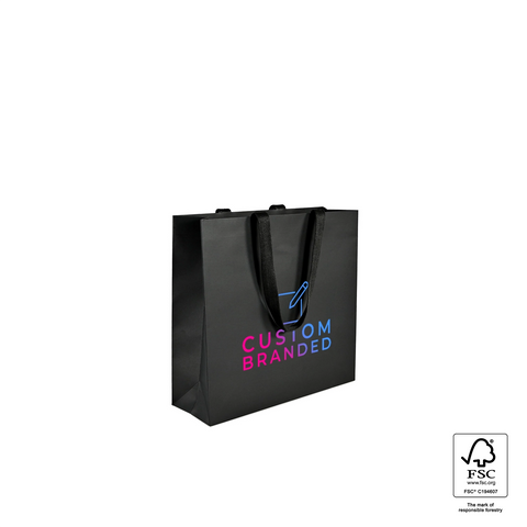 Image of Black tote bag with 'Custom Branded' text on a white background
