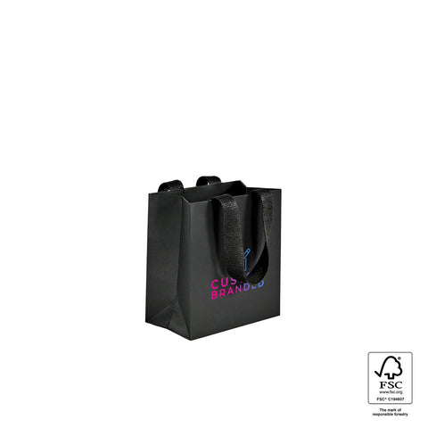 Image of Black paper bag with branding on a white background