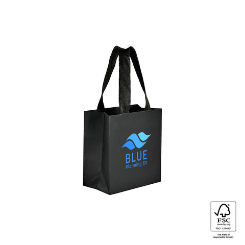 Image of Black paper gift bag with branding on a white background