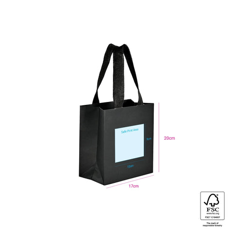 Image of Black tote bag with a blue square on a white background