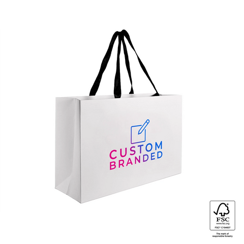 Image of White shopping bag with black logo and text on a white background
