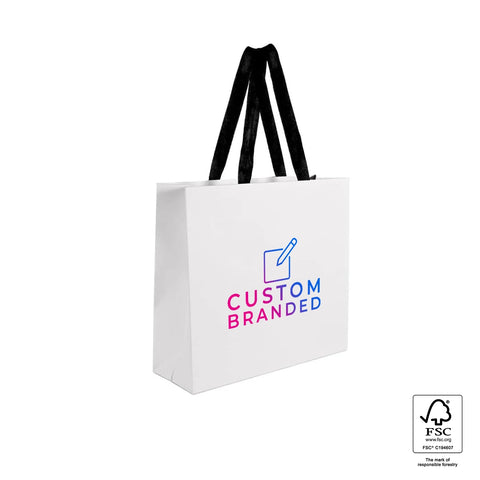 Image of White tote bag with black handles and 'Custom Branded' text on a white background