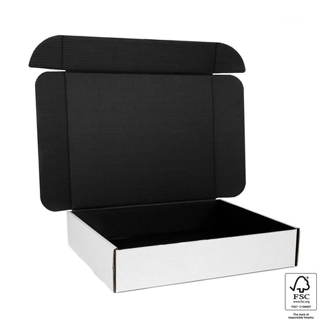 Image of White cardboard box with a black interior on a white background