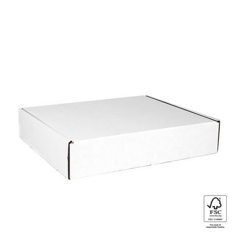Image of White cardboard box with FSC certification logo on a white background