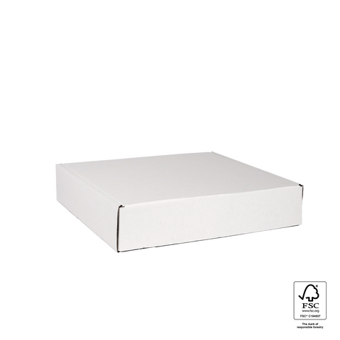 Image of White cardboard box with FSC certification logo on a white background