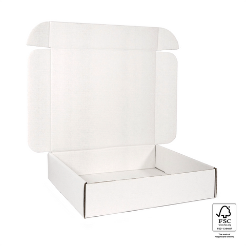 Image of White cardboard box with FSC certification logo on a white background