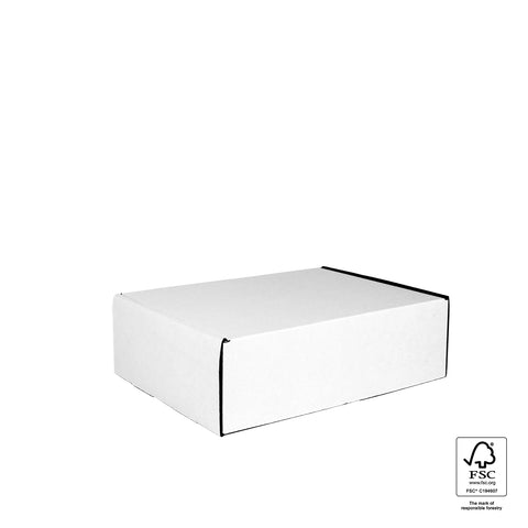 Image of White cardboard box with FSC certification label on a white background