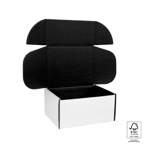 Image of White cardboard box with black interior and FSC certification logo on a white background