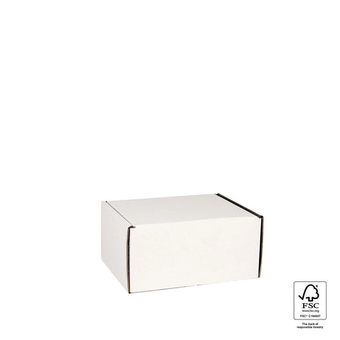 Image of White cardboard box with FSC certification logo on a white background