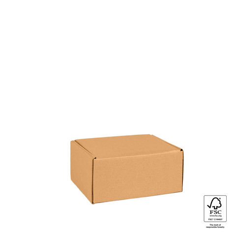 Image of Brown cardboard box with FSC certification logo on a white background