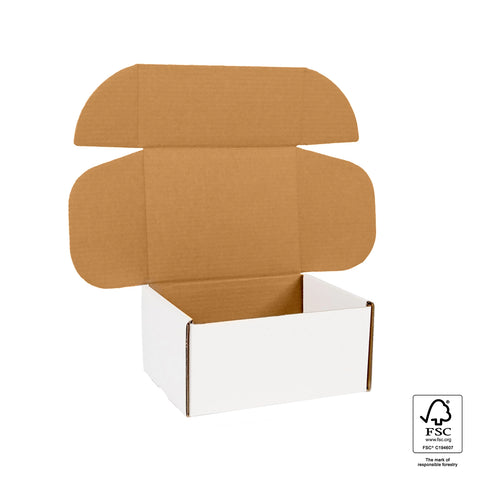 Image of Cardboard box, white on the outside, brown on the inside, on a white background, featuring FSC certification logo.