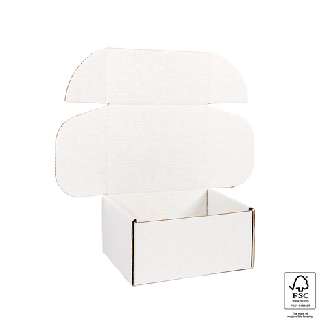 Image of White cardboard box with a lid on a white background, featuring FSC certification logo.