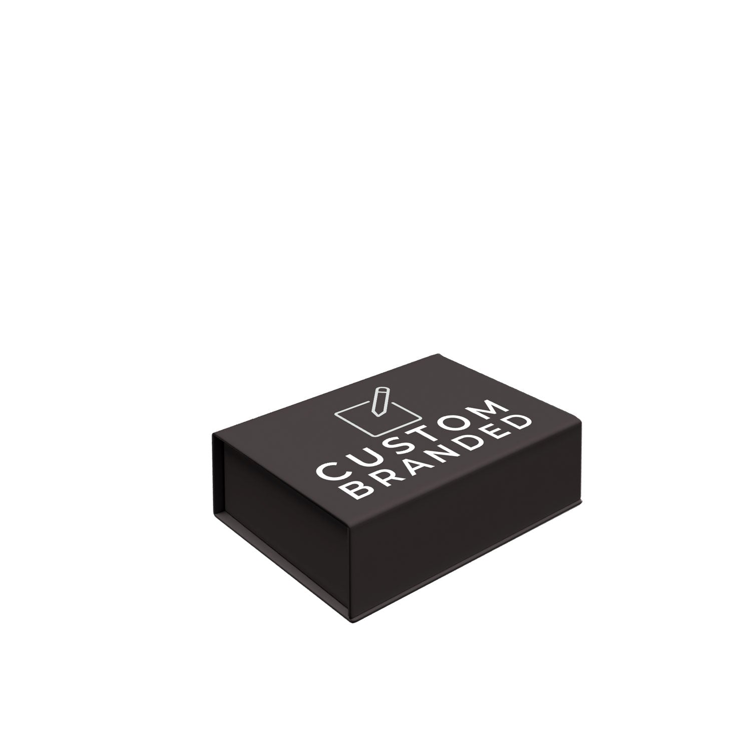 A small-sized black gift box featuring the word "custom" printed on it, symbolizing a branded and personalized item.