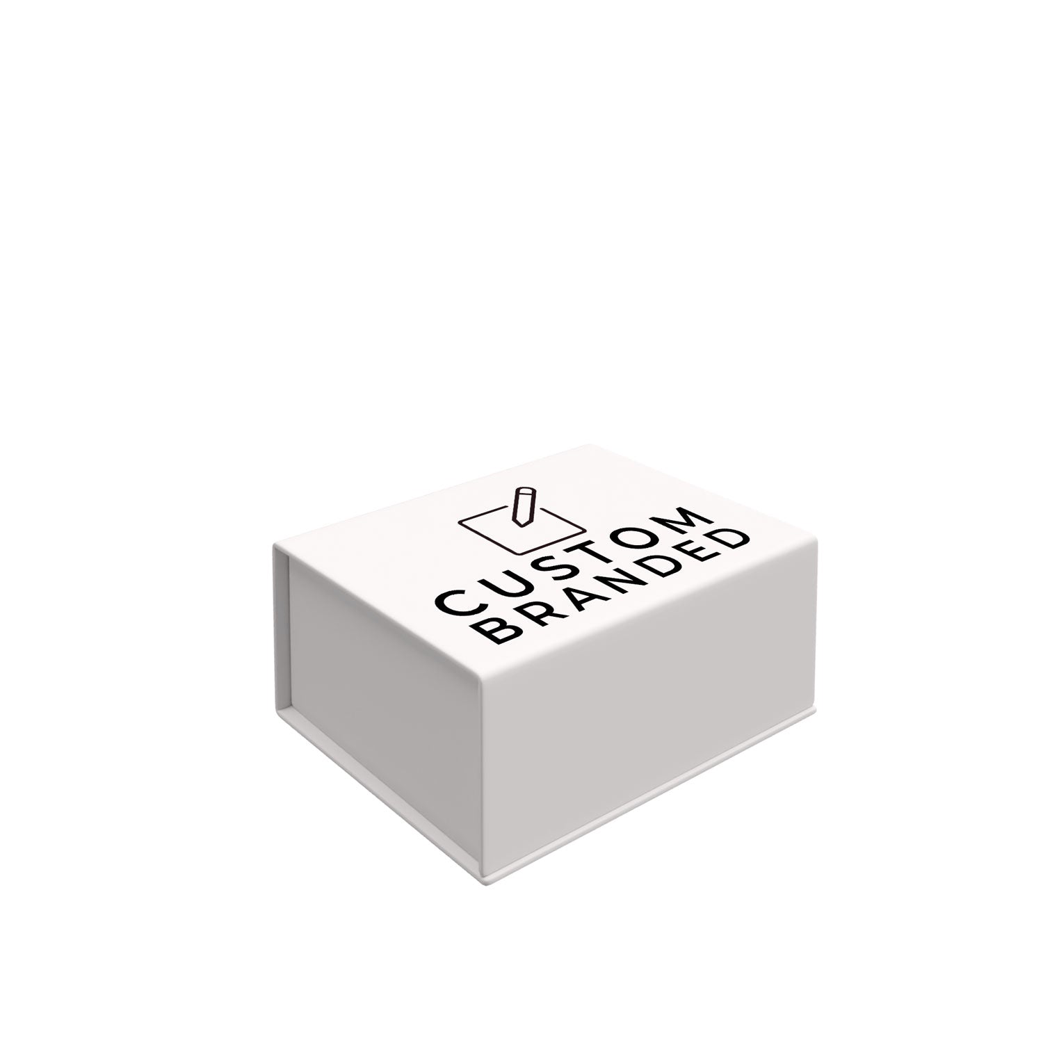 A printed white gift box, medium in size, displaying the word "custom" on its surface, indicating a personalized and branded item | NEON Packaging
