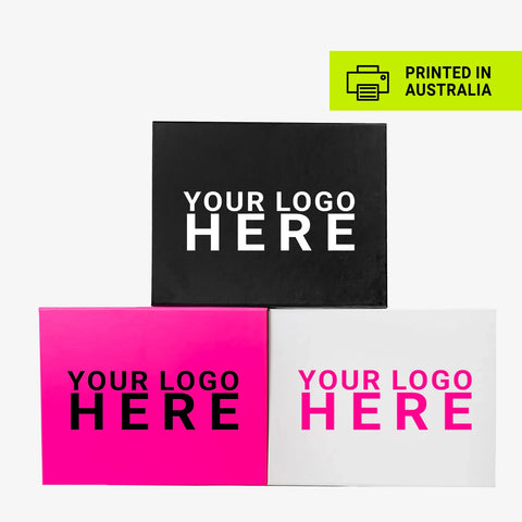Customisable black, pink, and white gift boxes with custom logo on bright pink base, printed in Australia.