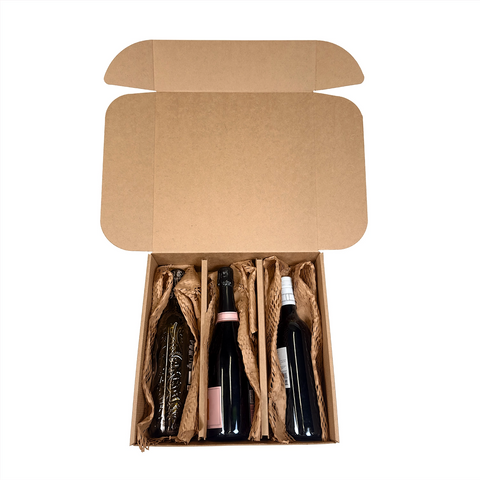 Image of three bottle of wines inside the three brown wine box