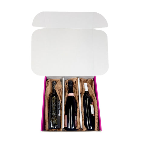 Image of three-bottle magenta wine box with 3 bottles of wine inside