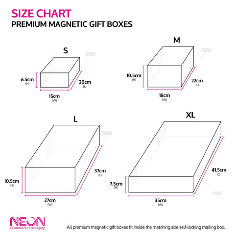 Premium magnetic gift box size chart for custom branded ecommerce packaging