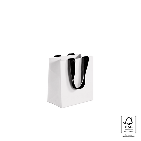 Image of White paper bag with black handles on a white background, featuring FSC certification logo.
