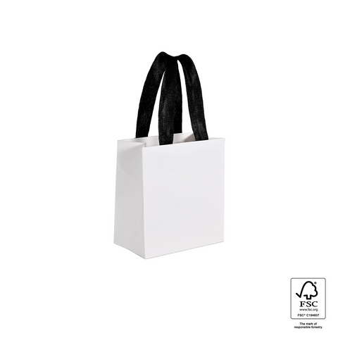 Image of White paper bag with black handles on a white background, featuring FSC certification logo.