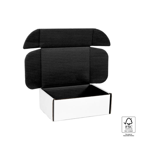 Image of Black and white mailing box on a white background with FSC logo.