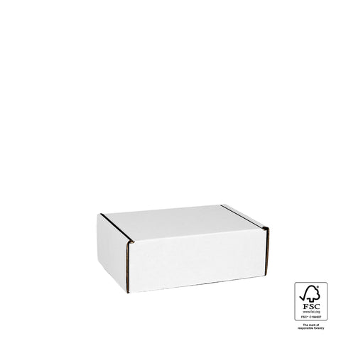 Image of Black and white cardboard box with FSC certification logo on a white background