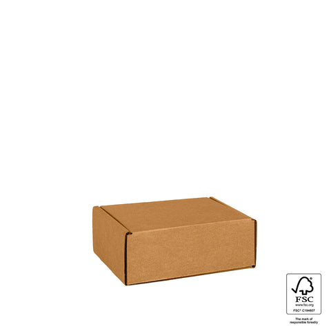 Image of Brown cardboard box with FSC certification logo on a white background