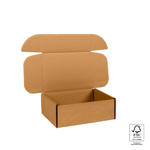 Image of Open brown cardboard box on a white background with FSC logo.