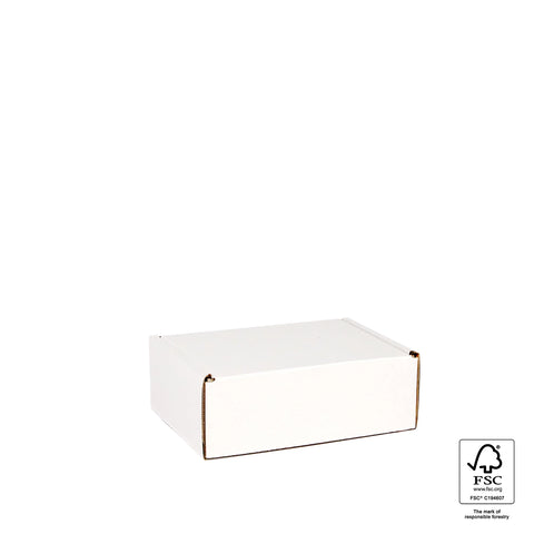 Image of White cardboard box with FSC certification logo on a white background