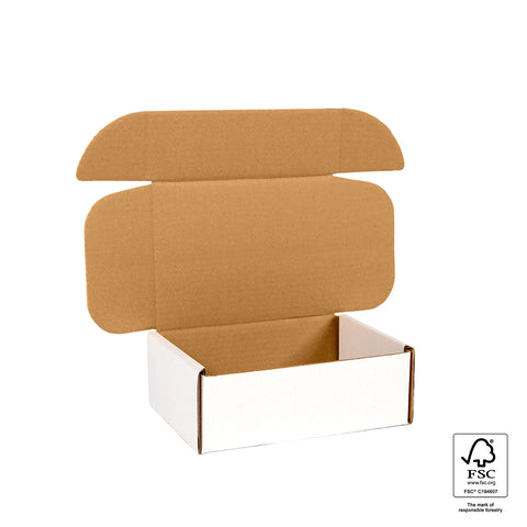 Image of Cardboard box with white outside and brown inside on a white background, featuring FSC certification logo.