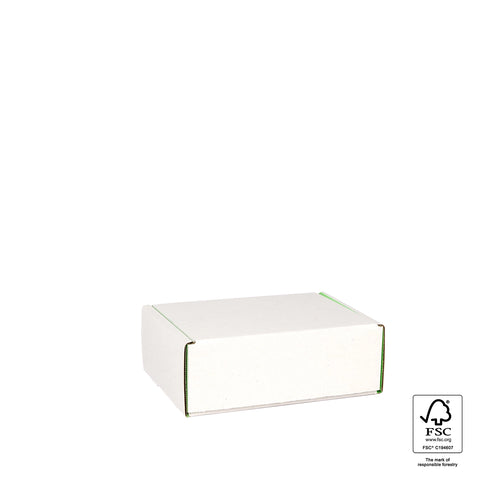 Image of White cardboard box with FSC certification label on a white background