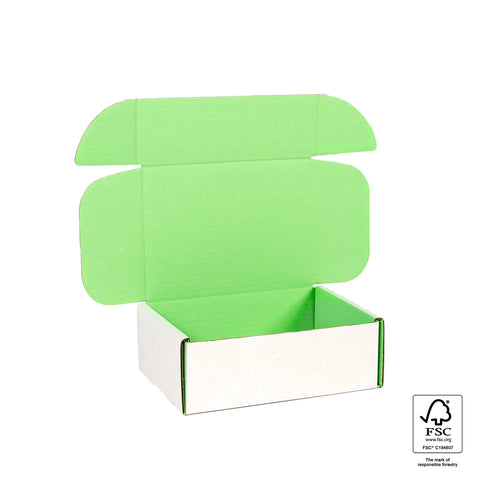 Image of Green cardboard box with FSC logo on a white background