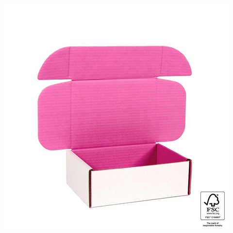 Image of Cardboard box with pink interior on a white background, featuring FSC certification logo.
