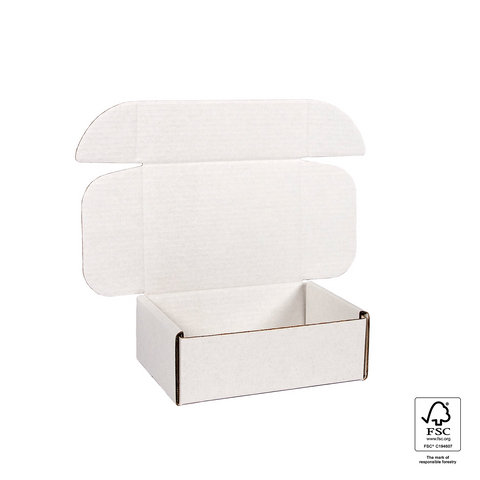 Image of White cardboard box with a lid on a white background, featuring FSC certification logo.