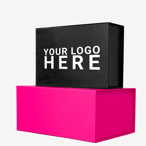Image of Black and pink magnetic gift boxes showing custom logo placement options