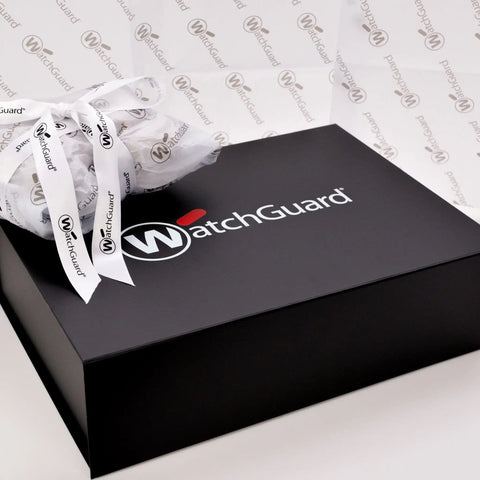 White custom printed tissue paper on top of black gift box | NEON Packaging