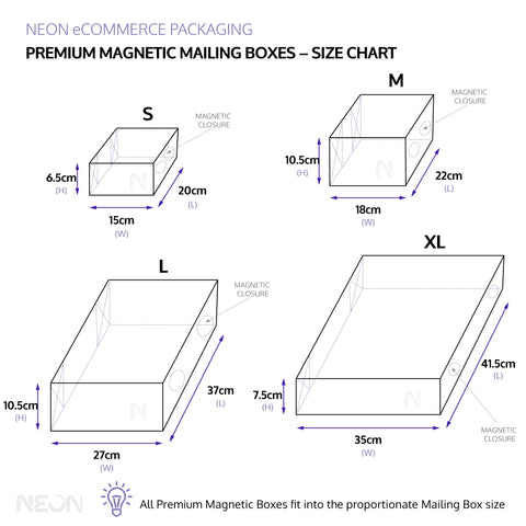 white magnetic boxes size chart | NEON packaging