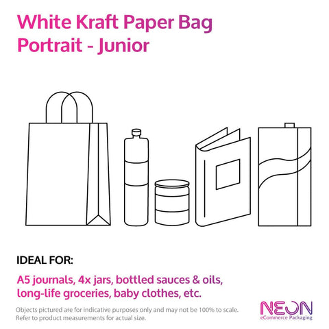 Image of white kraft paper bag - junior portrait size with examples of items that fit inside