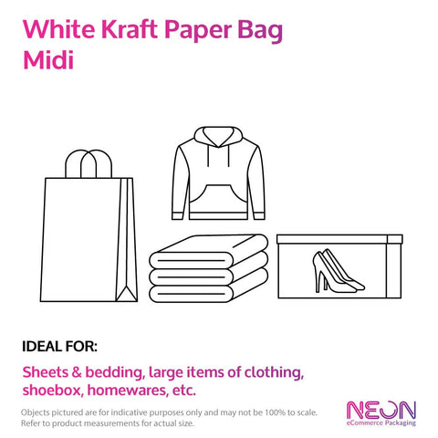 Image of white midi kraft paper bag with examples of items that fit inside