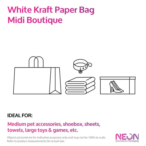 Image of white midi kraft paper bag with examples of items that fit inside