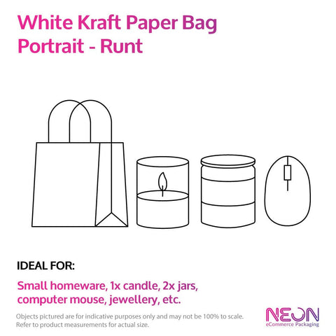 Image of white runt paper bag with examples of items that fit inside