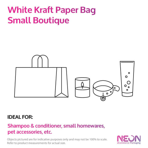 Image of small boutique white paper bag with examples of items that fit inside