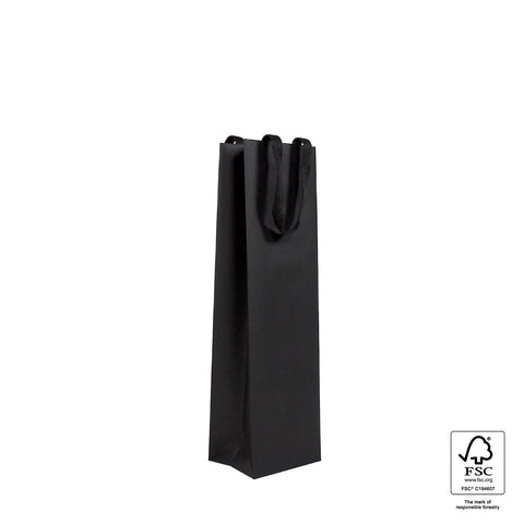 Image of Black paper wine bottle bag with FSC certification logo on a white background