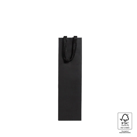 Image of Black paper wine bottle bag with a handle on a white background, featuring FSC certification logo.
