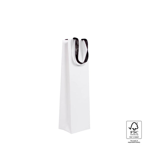 Image of White wine bottle gift bag with black handles on a white background, featuring FSC certification logo.