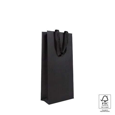 Image of Black paper bag with handles on a white background, featuring FSC certification logo.